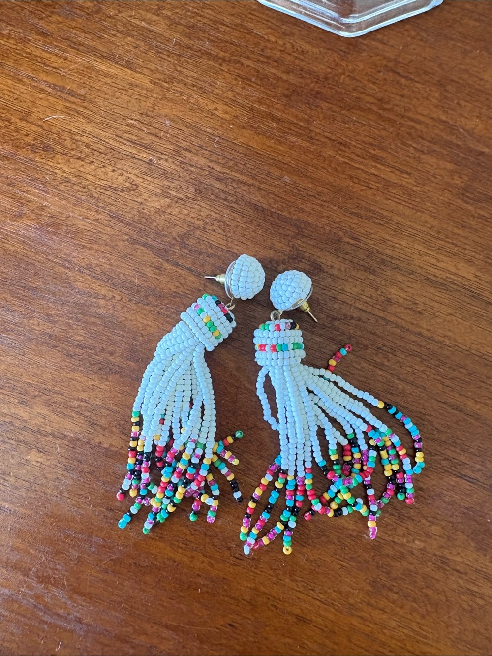 White Beaded Tassel Earrings with Multicolor Accents